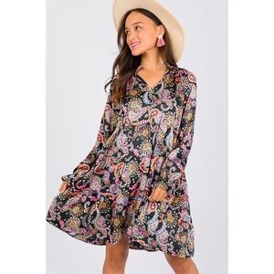 Fate Paisley‎ Satin Tiered Long Sleeve Mini Dress Size Small